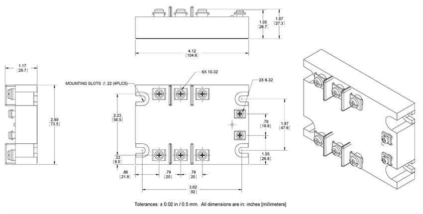 Mechanical Drawing - Crydom / Sensata 53TP Panel Mount 3-Phase Solid-State Relays