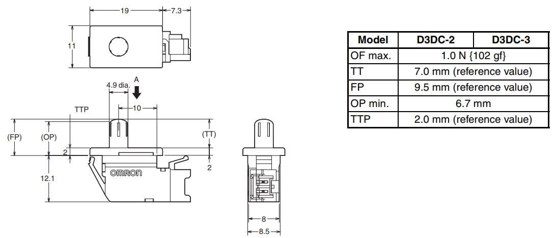 Mechanical Drawing - Omron Electronics D3DC Miniature Door Switches