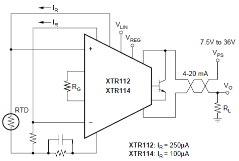 Application Circuit Diagram - Texas Instruments XTR112 & XTR114 4-20mA Current Transmitters
