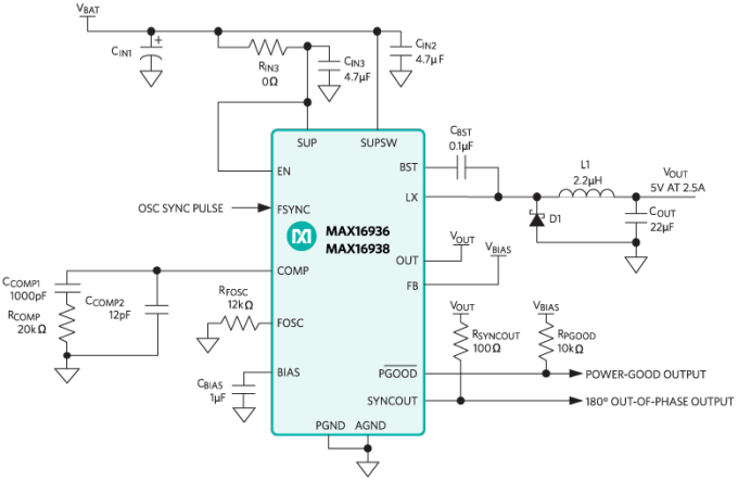 Application Circuit Diagram - Analog Devices / Maxim Integrated MAX16936/MAX16938 Step-Down Converters