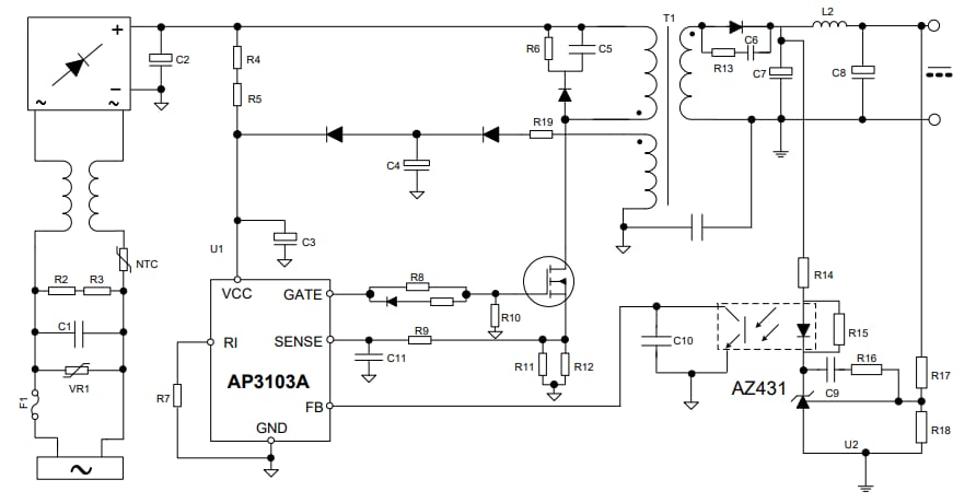 Application Circuit Diagram - Diodes Incorporated AP3103A AC/DC PWM Controller