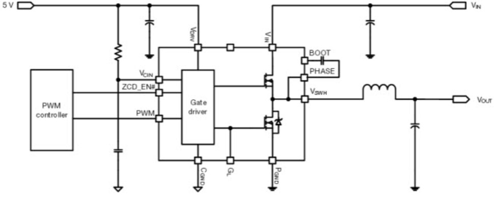 Application Circuit Diagram - Vishay Semiconductors DrMOS SiC5xx Integrated Power Stage