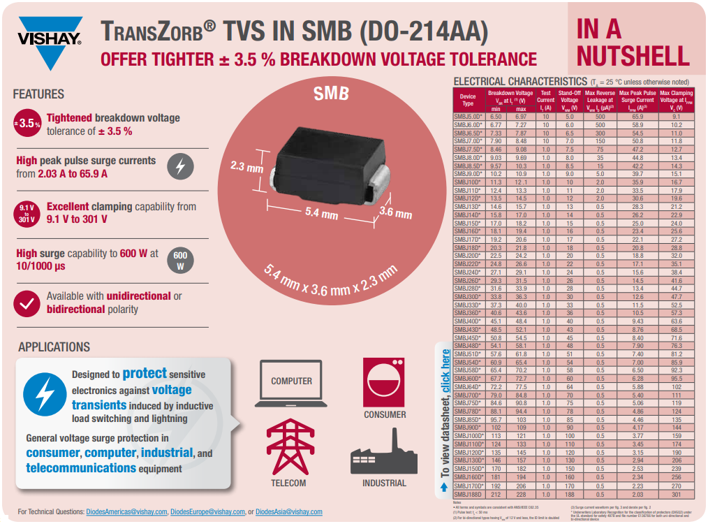 Vishay General Semiconductor SMBJxD Transient Voltage Suppressors (TVS)