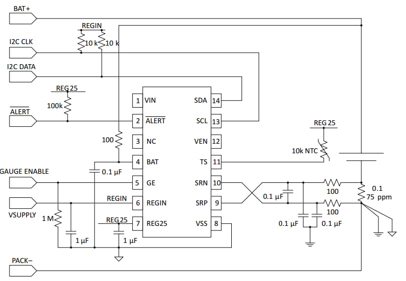 Schematic - Texas Instruments bq35100 Battery Fuel Gauge & EOS Monitor