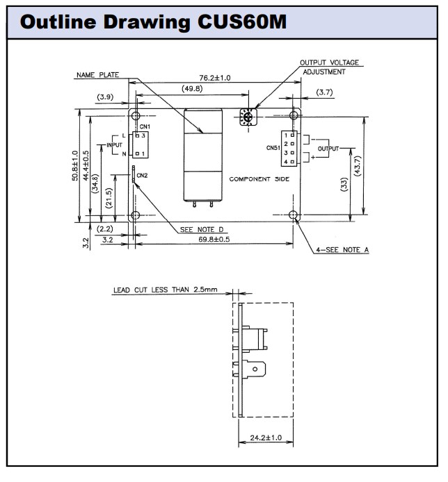Mechanical Drawing - TDK-Lambda CUS30/60M Medical Power Supplies