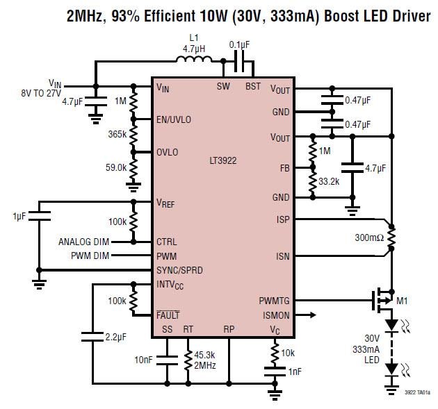 Block Diagram - Analog Devices Inc. LT3922 2A Synchronous Step-Up LED Drivers