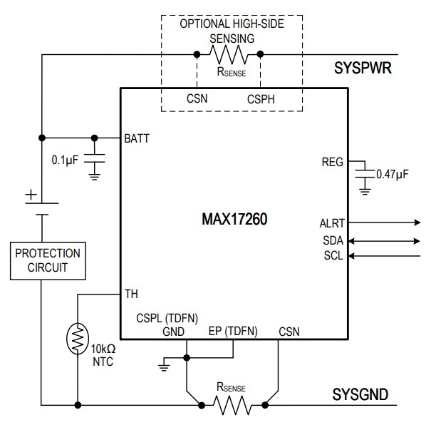Application Circuit Diagram - Analog Devices / Maxim Integrated MAX17260 Ultralow Power Fuel Gauge IC