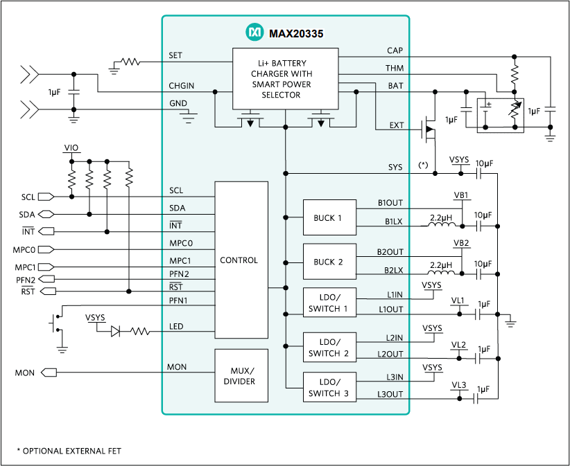 Application Circuit Diagram - Analog Devices / Maxim Integrated MAX20335 Wearable Charge Management PMIC