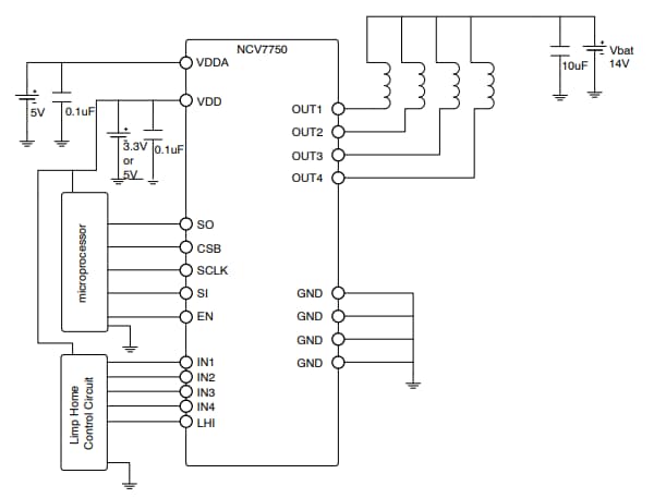 Application Circuit Diagram - onsemi NCV7750 Low-Side Relay Driver