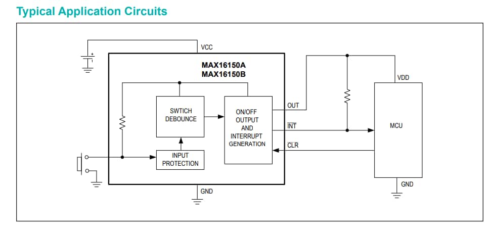 Application Circuit Diagram - Analog Devices / Maxim Integrated MAX16150 Nano-Power Pushbutton Controller