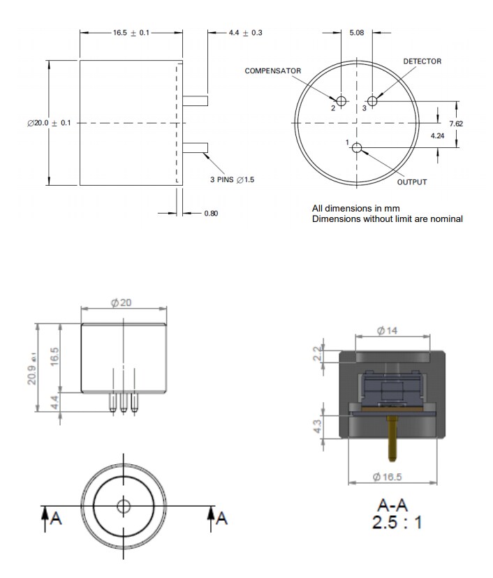 Mechanical Drawing - Amphenol SGX Sensortech VQ548MP2-DA Catalytic Combustible Gas Sensor