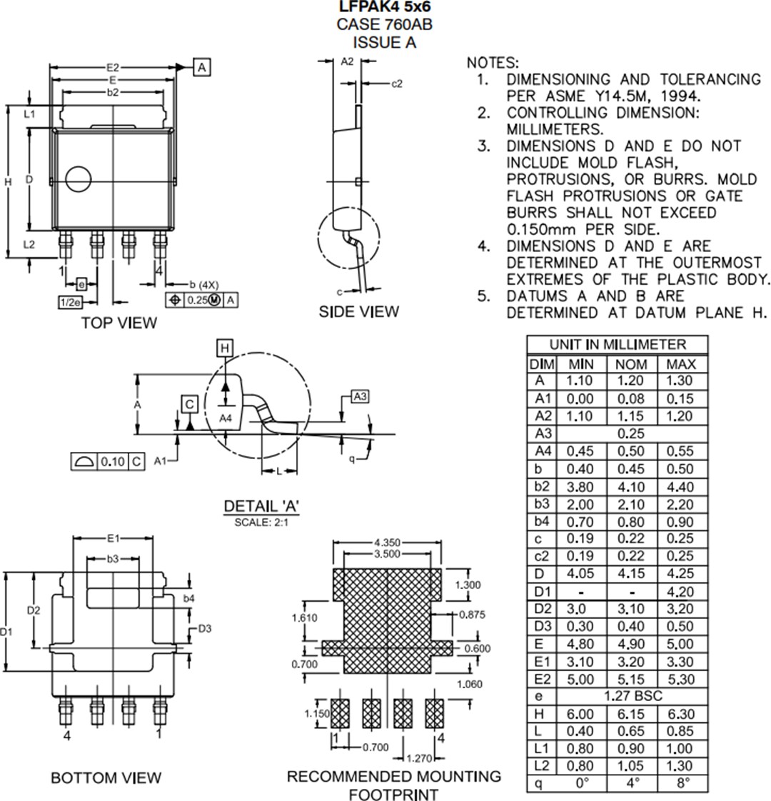 Mechanical Drawing - onsemi LFPAK4 Automotive N-Channel Power MOSFETs