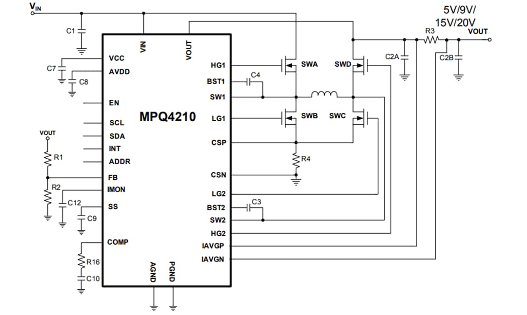 Application Circuit Diagram - Monolithic Power Systems (MPS) MPQ4210 40V 100W Synchronous Buck-Boost Controller