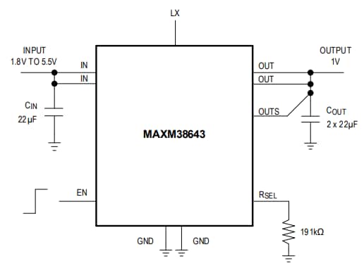 Application Circuit Diagram - Analog Devices / Maxim Integrated MAXM38643 nanoPower Buck Module
