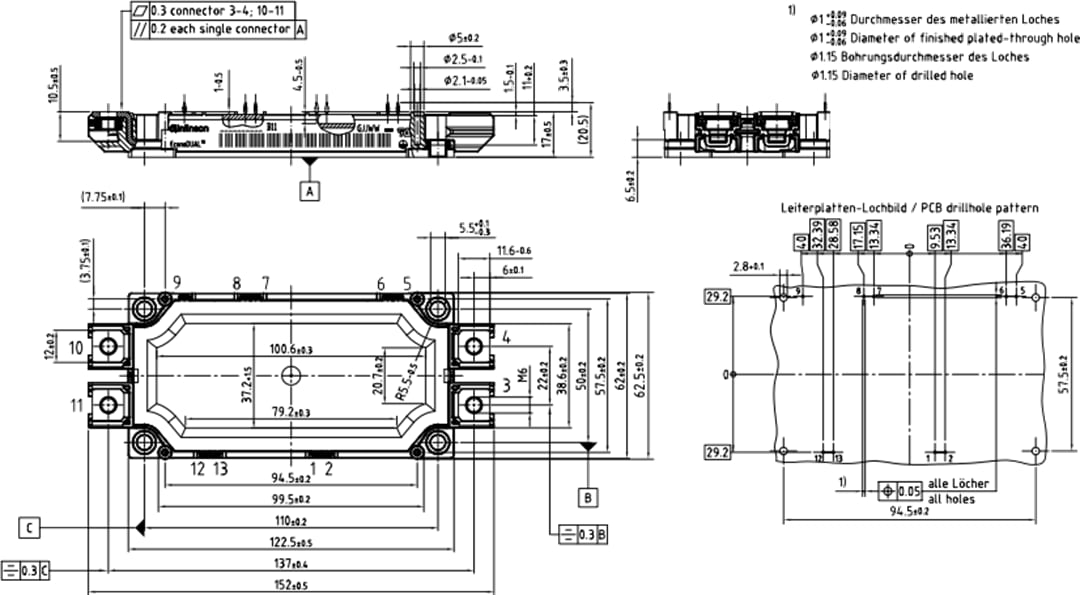 Mechanical Drawing - Infineon Technologies 1700V Fourpack IGBT Modules