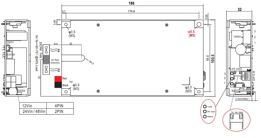 Mechanical Drawing - MEAN WELL NTS-250P/400P DC-AC Inverters