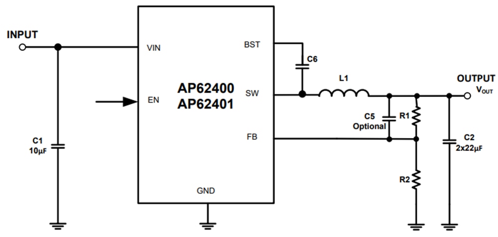 Application Circuit Diagram - Diodes Incorporated AP62400 & AP62401 Synchronous Buck Converters