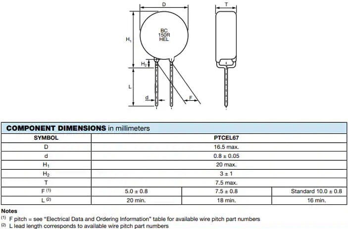 Mechanical Drawing - Vishay / BC Components PTCEL67 High Energy PTC Thermistors
