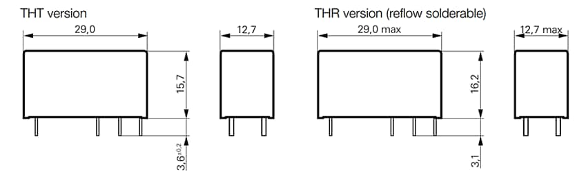 Mechanical Drawing - TE Connectivity / Schrack RT2 General Purpose Power PCB Relays