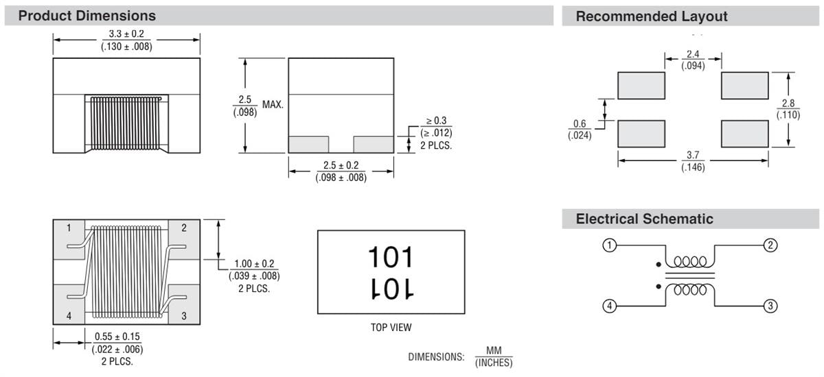 Mechanical Drawing - Bourns SRF3225TABG Common Mode Chip Inductor