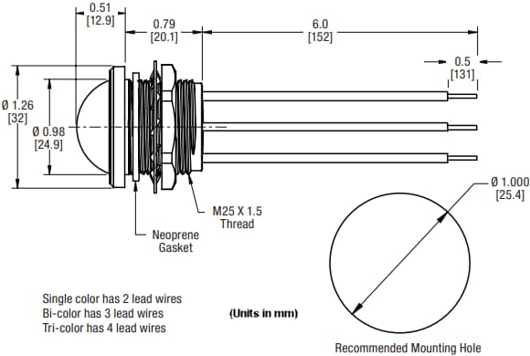 Mechanical Drawing - Dialight 658 Series Single Color Panel Mount Indicators