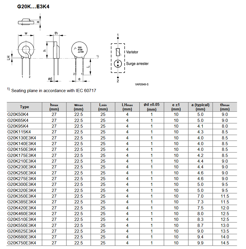 Mechanical Drawing - TDK G14 & G20 G-Series GDT Varistors