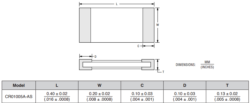 Mechanical Drawing - Bourns CR01005A-AS AEC-Q200 Chip Resistors