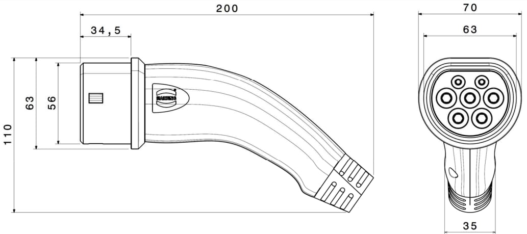 Mechanical Drawing - HARTING Automotive Type 2 AC Mode 3 Charging Cables