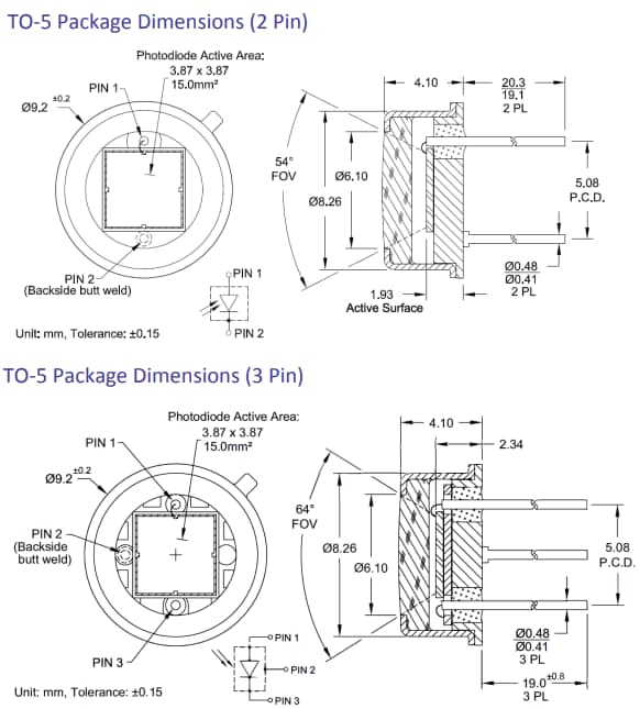 Mechanical Drawing - Marktech Optoelectronics MT03 Silicon Photodiodes