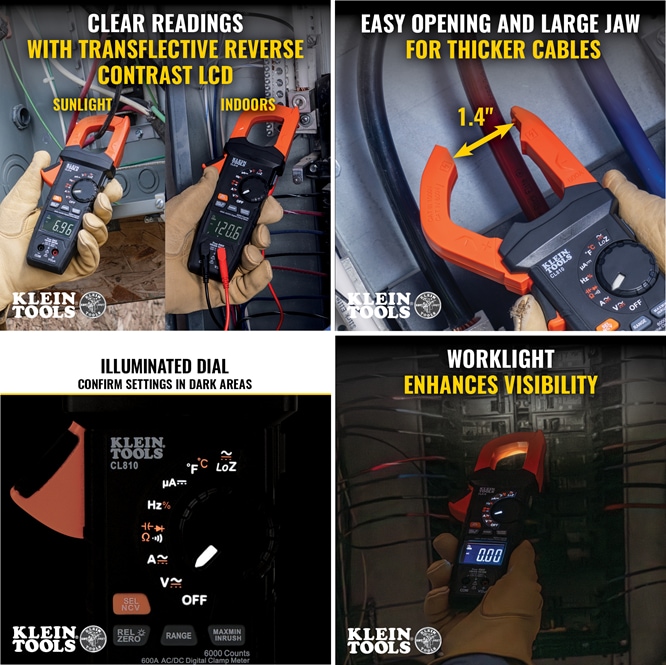 Infographic - Klein Tools CL810 600A Auto-Ranging Digital Pro Clamp Meter