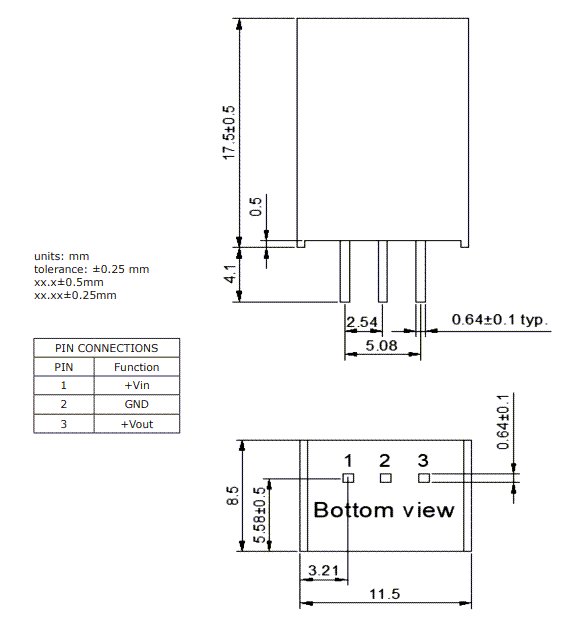 Mechanical Drawing - CUI Inc P78B-2000 2A Non-Isolated DC-DC Converters