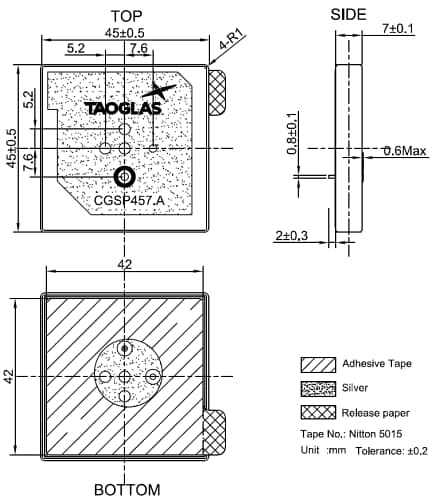 Mechanical Drawing - Taoglas CGSP457.A GNSS & SatCom Patch Antenna