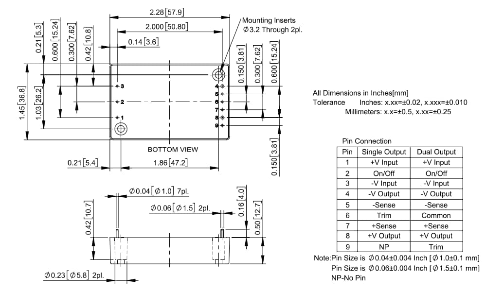 Mechanical Drawing - Cincon CQM60W 60W Medical Isolated DC-DC Converters