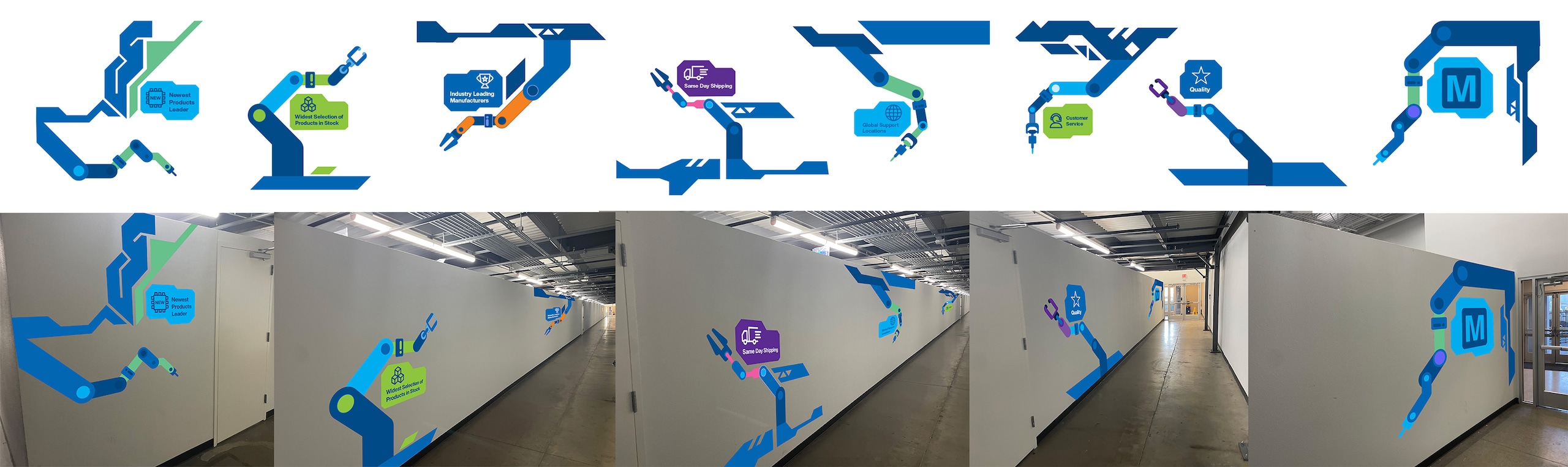 Robot arm decals on white wall