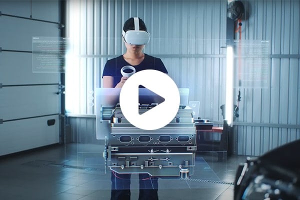 Spirit of Innovation video screenshot of a person wearing a virtual reality headset viewing the inside of a virtual engine